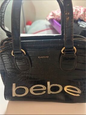 bebe Black Croc-Embossed Satchel with Gold Hardware and Logo